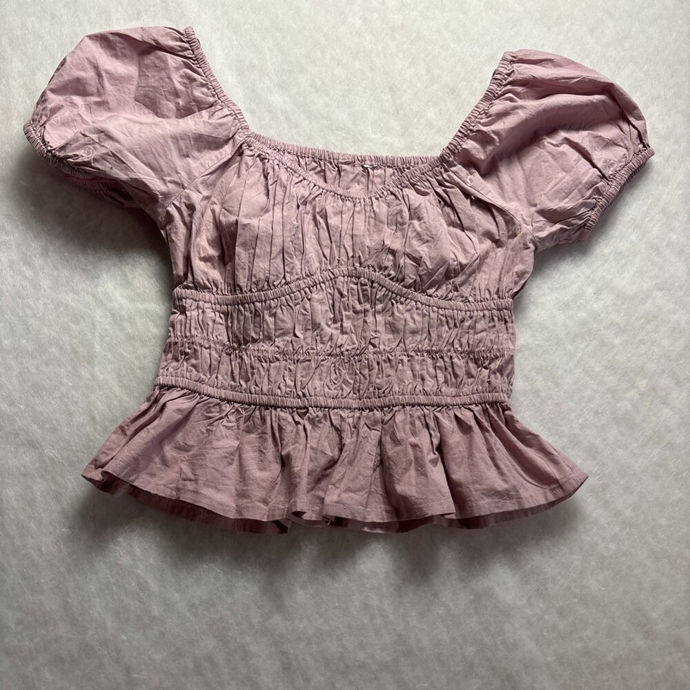 Pink 100%Cotton India Smocked Top Sz XS/S Peplum Elastic Puff Sleeves Coquette